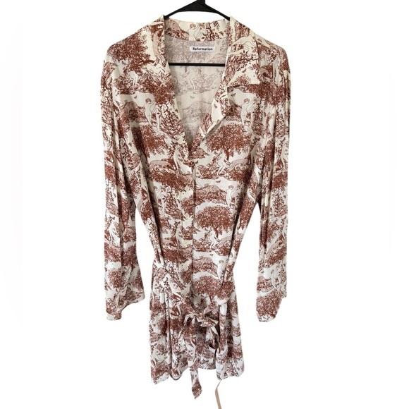 Reformation NEW Greek Printed Brown Button Down Shirt Dress - Picture 2 of 8